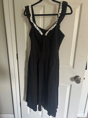 Unique Vintage Black Midi Dress with White Lace Trim
